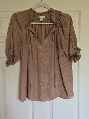 Current Air Taupe Floral Tie-Neck Women's Blouse Small